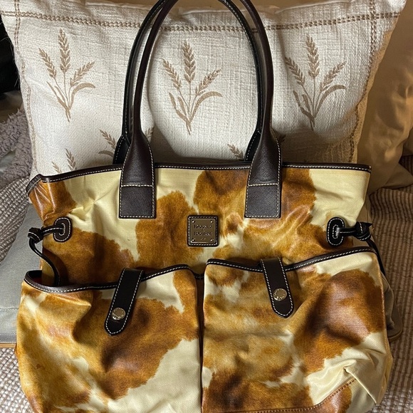Dooney & Bourke Handbags - Dooney & Bourke Brown Cream Tote with Cow Print on Coated Canvas Dooney Bourke